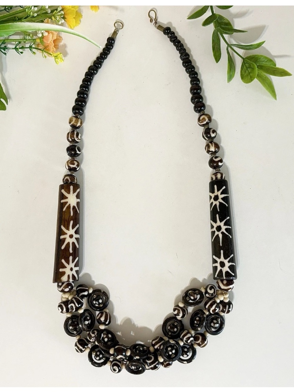 Vintage African Batik Bovine Carved Bead Necklace - Unique Ethnic Tribal Jewelry